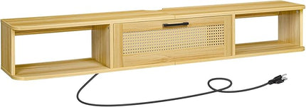 HOOBRO Floating TV Stand for TV up to 75 inches, Wall-Mounted TV Cabinet with 4 Power Outlet, Floating Entertainment Center TV Media Console Shelves with Rattan Flip-Down-Door, Natural NL160UDS01 - LeafyLoom