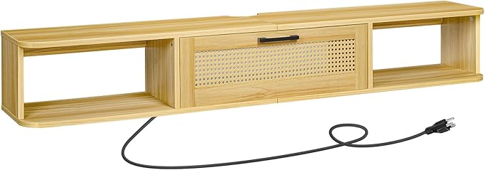 HOOBRO Floating TV Stand for TV up to 75 inches, Wall-Mounted TV Cabinet with 4 Power Outlet, Floating Entertainment Center TV Media Console Shelves with Rattan Flip-Down-Door, Natural NL160UDS01 - LeafyLoom