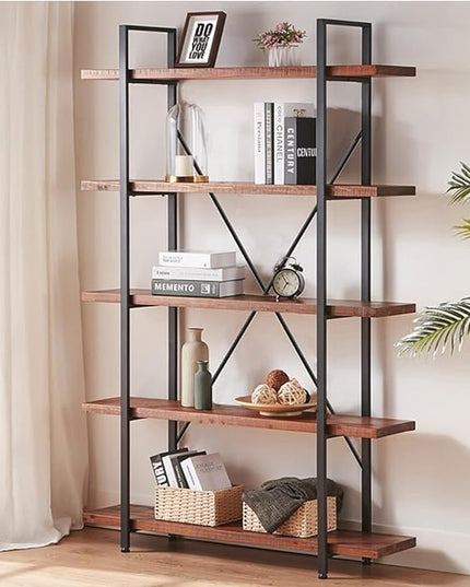 HSH Natural Real Wood Bookcase, 5 Tier Industrial Rustic Vintage Etagere Bookshelf, Open Metal Farmhouse Solid Wooden Book Shelf, Distressed Brown - LeafyLoom