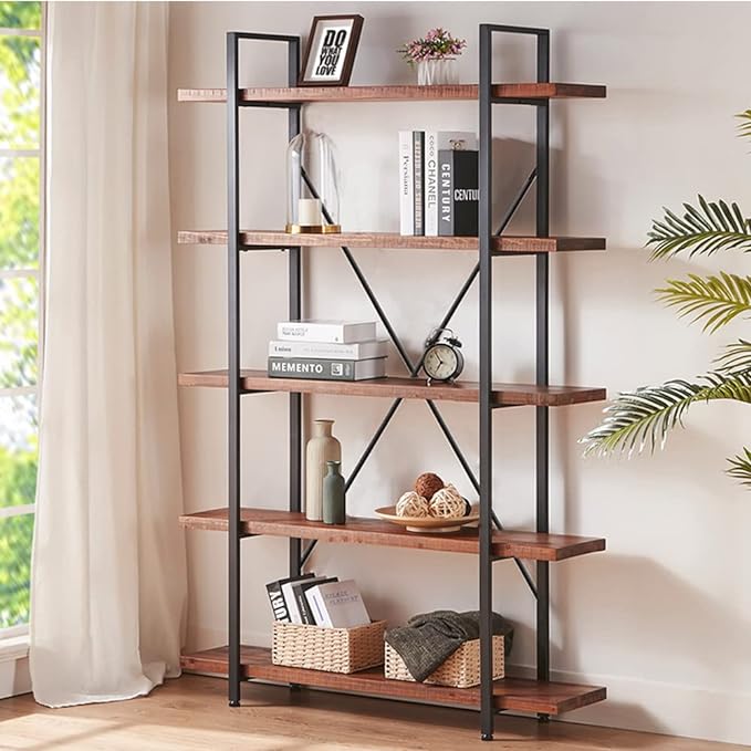 HSH Natural Real Wood Bookcase, 5 Tier Industrial Rustic Vintage Etagere Bookshelf, Open Metal Farmhouse Solid Wooden Book Shelf, Distressed Brown - LeafyLoom