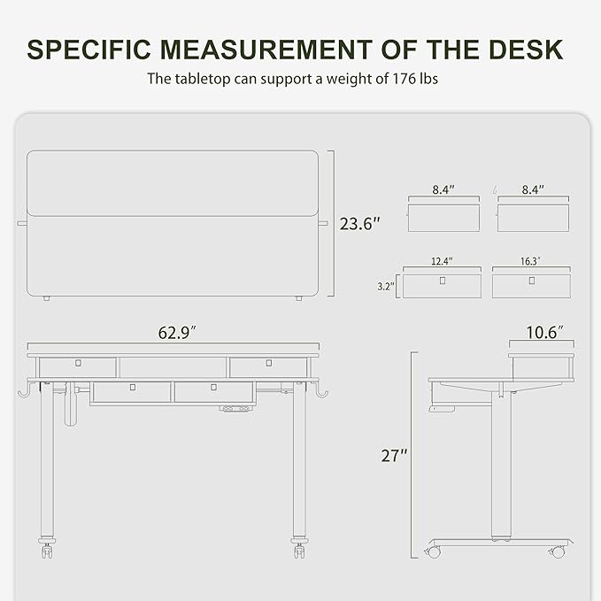BANTI Height Adjustable Electric Standing Desk with 4 Drawers, 63 x 24 Inch Table with Storage Shelf, Sit Stand Desk, Black Top - LeafyLoom