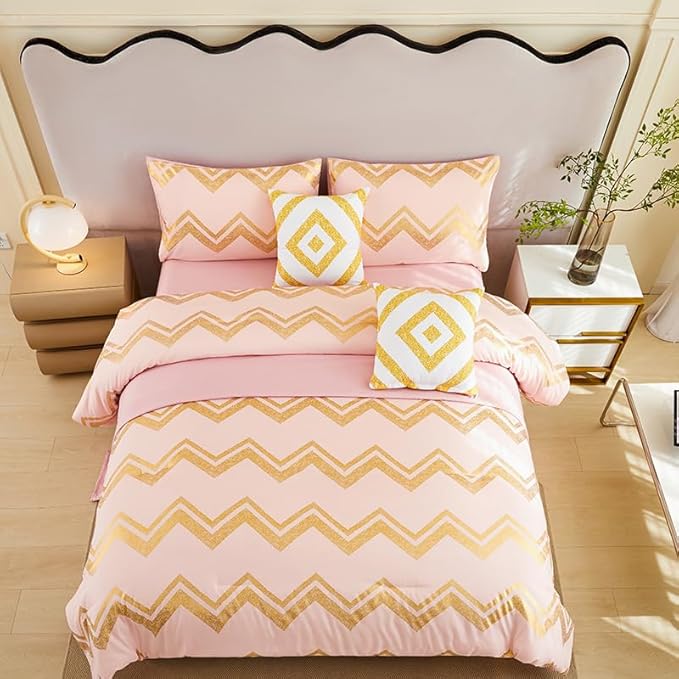 7PCS Rose Gold and Pink Bedding Set,Pink Comforter Set Full Size,Rose Gold Bedding Set Full,Bed in A Bag Full for Teen Girls Women,Bedroom Decoration Full Pink/Rose Gold - LeafyLoom