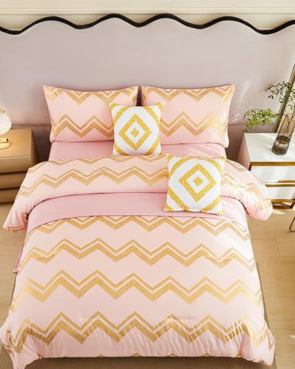 7PCS Gold and Pink Comforter Set,Pink Comforter Queen,Metallic Blush and Rose Gold Pink Bedding Set Queen,Bed in A Bag Queen for Teen Girls Women,Bedroom Decoration Queen Pink/Rose Gold - LeafyLoom