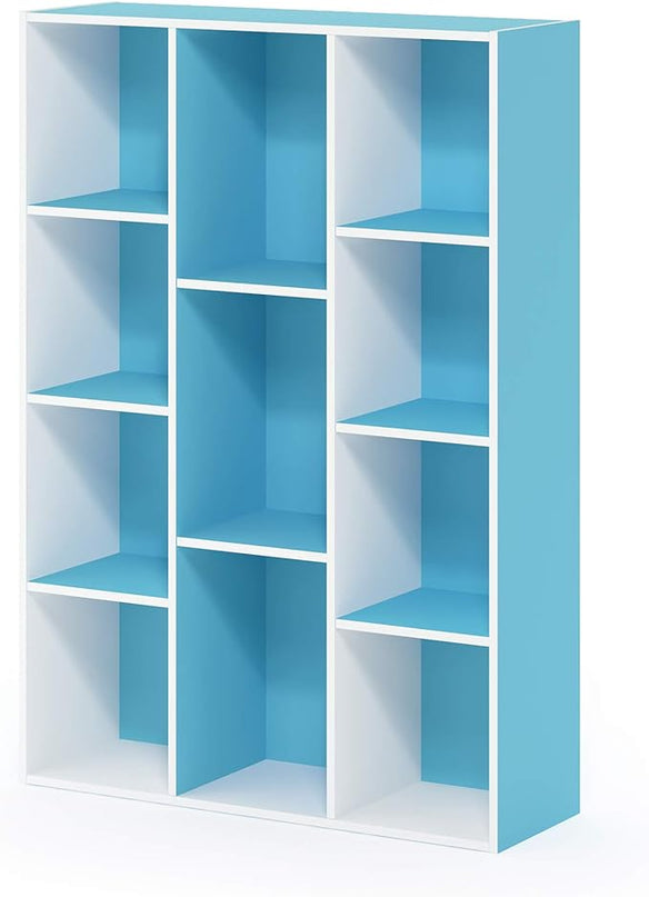 Furinno Luder Bookcase / Book / Storage , 11-Cube, White/Light Blue - LeafyLoom