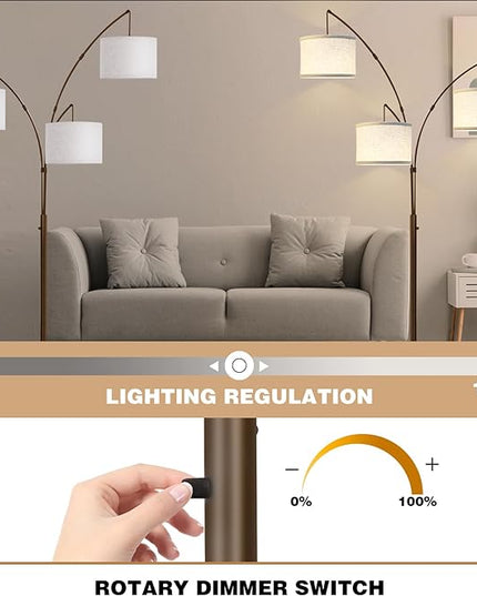 Dimmable Arc Floor Lamps for Living Room-Modern 3 Lights arch Floor Lamp, Mid Century Tall Standing Reading Lamp for Bedroom Office Include Bulbs (Brown) - LeafyLoom