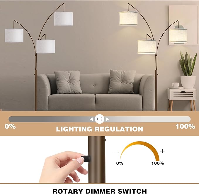 Dimmable Arc Floor Lamps for Living Room-Modern 3 Lights arch Floor Lamp, Mid Century Tall Standing Reading Lamp for Bedroom Office Include Bulbs (Brown) - LeafyLoom