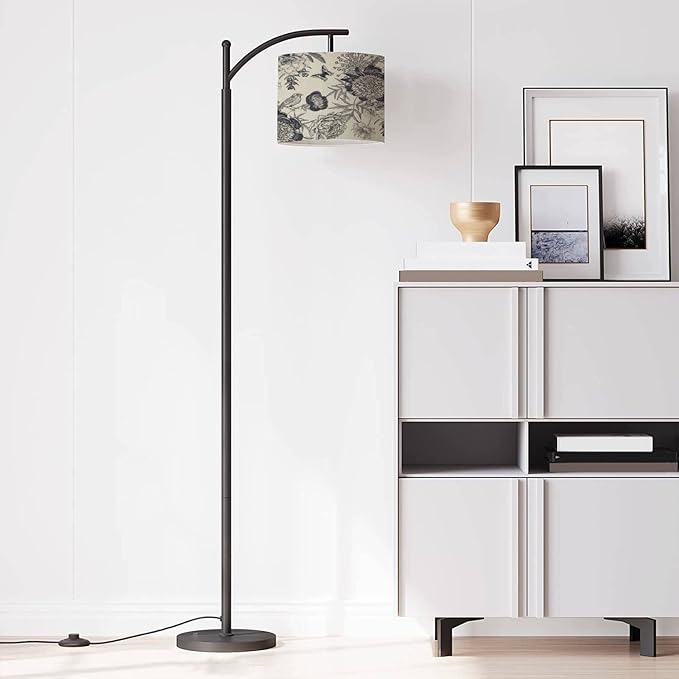 Modern Arc Floor Lamp with Dimmer Mid Century Luxury for creating textiles paper Seamless garden flowers peonies Metal Standing Lamp with Linen Shade Footswitch for Living Room Bedroom Office - LeafyLoom