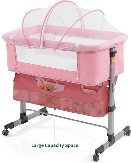 3 in 1 Travel Baby Crib,Baby Bed with Breathable Net,Adjustable Portable Bed for Infant/Baby with Detachable Mosquito net and Mattress,Pink - LeafyLoom