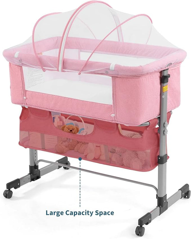 3 in 1 Travel Baby Crib,Baby Bed with Breathable Net,Adjustable Portable Bed for Infant/Baby with Detachable Mosquito net and Mattress,Pink - LeafyLoom