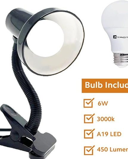 Xtricity Desk Lamps with Clamp Base - Adjustable Gooseneck -Clip on for Desk or Bed - Bulb Included, 120 Volt, On/Off Switch, 10.25 Inches Tall (26cm), Black - LeafyLoom