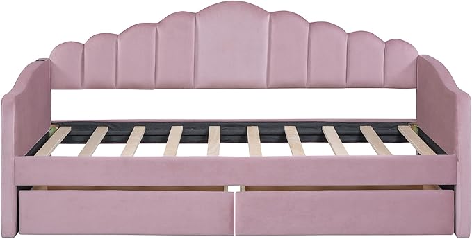 Twin Size Upholstered Daybed with 2 Drawers and Striped Headboard, Solid Wood Velvet Bed with USB Charging Ports, No Box Spring Needed, for Living Room, Bedroom, Dorm, Space-Saving Design - LeafyLoom