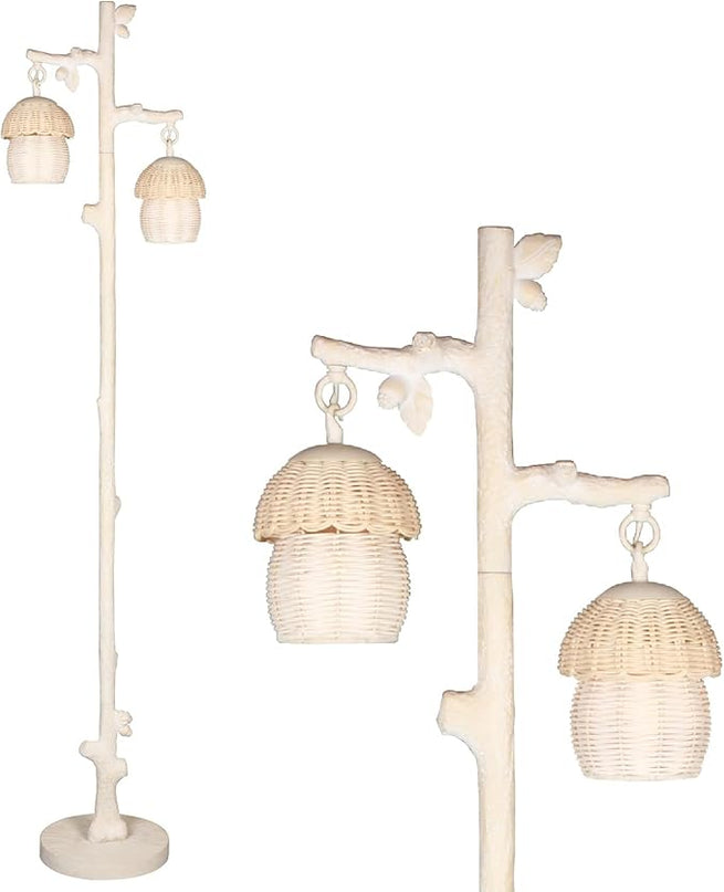 Rattan Floor Lamp with Faux Wood Finish, Boho Floor Lamps with Faux Pinecone and Leaves Decor, Beige - LeafyLoom