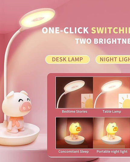 Kids Desk Lamp Pink, Dimming Desk Lamp for Girls with Exclusive Cartoon Look, Cute Night Light for Kids Bedroom, Eye-Caring LED Portable Reading Lamp for Child, Unique Gift (Pink Pig) - LeafyLoom
