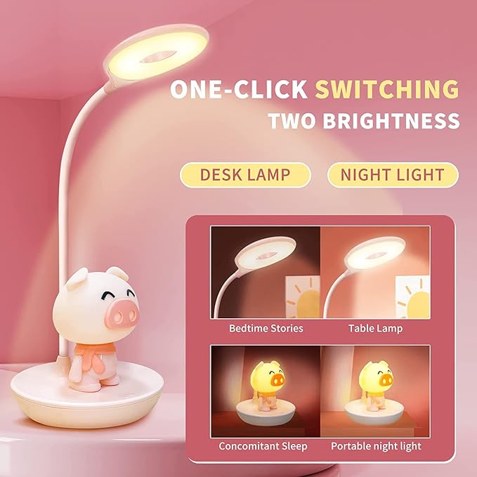 Kids Desk Lamp Pink, Dimming Desk Lamp for Girls with Exclusive Cartoon Look, Cute Night Light for Kids Bedroom, Eye-Caring LED Portable Reading Lamp for Child, Unique Gift (Pink Pig) - LeafyLoom