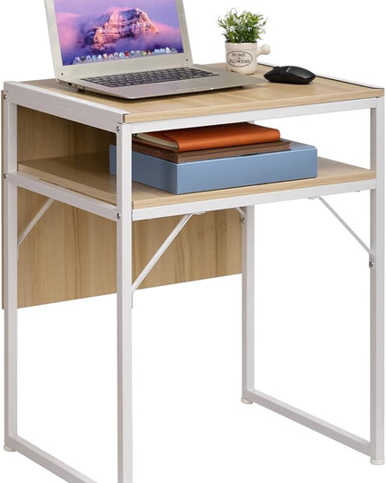 Minimalist Folding Table, Study Desk with Storage Shelf, Small Desk, Portable Computer Desk for Home, Office, Light Brown - LeafyLoom