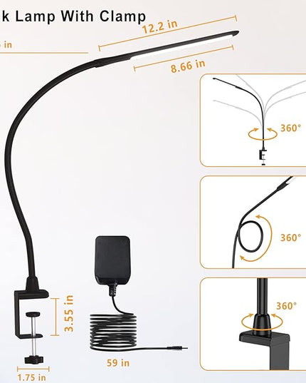 Desk Lamps for Home Office, 10W Clamp Lamp Dimmable Gooseneck Lamp Touch Control, Adjustable Desk Light for Workbench Tabletop (Black) - LeafyLoom