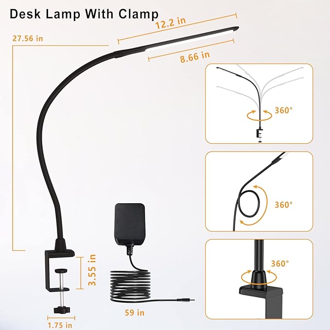 Desk Lamps for Home Office, 10W Clamp Lamp Dimmable Gooseneck Lamp Touch Control, Adjustable Desk Light for Workbench Tabletop (Black) - LeafyLoom