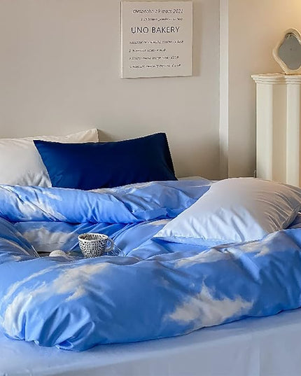 Cotton Blue Cloud Comforter Set Queen Size Sky Blue Comforter Cotton 3 Pieces Soft Light Blue Queen Comforter Bedding Set Women Solid Blue Queen Bed Comforter Set for All Season as Gift - LeafyLoom