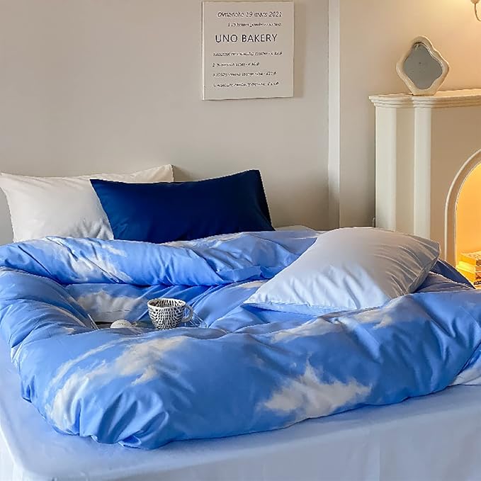 Cotton Blue Cloud Comforter Set Queen Size Sky Blue Comforter Cotton 3 Pieces Soft Light Blue Queen Comforter Bedding Set Women Solid Blue Queen Bed Comforter Set for All Season as Gift - LeafyLoom