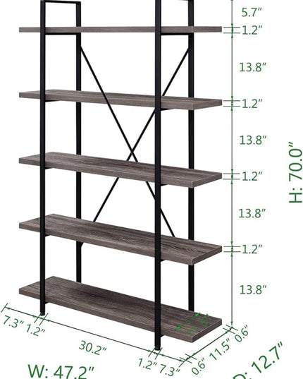 HSH 5-Shelf Vintage Industrial Rustic Bookshelf, 5 Tier Wood and Metal Bookcase, Open Etagere Book Shelf, Farmhouse Wooden Bookshelves, Light Grey Oak - LeafyLoom