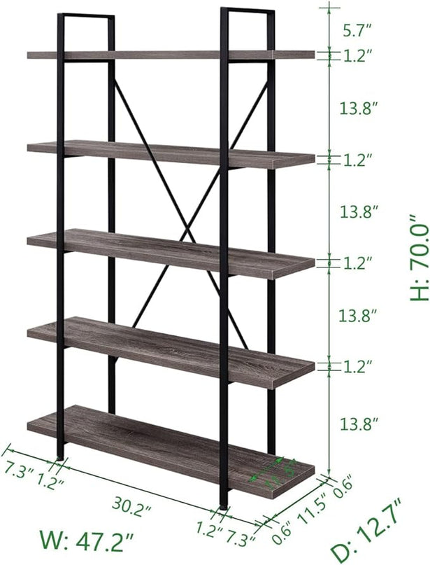 HSH 5-Shelf Vintage Industrial Rustic Bookshelf, 5 Tier Wood and Metal Bookcase, Open Etagere Book Shelf, Farmhouse Wooden Bookshelves, Light Grey Oak - LeafyLoom