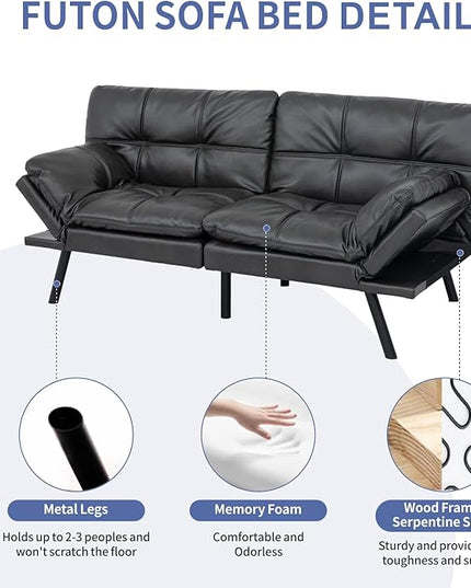 MUUEGM Futon Sofa Bed,Convertible Adjustable Backrest Armrests Memory Foam Couch Bed, Modern Faux Leather Futon Sleeper Couch Loveseat for Living Room,office,Apartment,Small Space,Matte Black - LeafyLoom