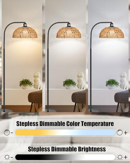 Rattan Floor Lamp- Boho Standing Lamp with Remote Control and Dimmable Bulb, Hand-Worked Adjustable Rattan Shades, Black Farmhouse Tall Lamp, Boho Arc Floor Lamps for Living Room, Bedroom, Office - LeafyLoom