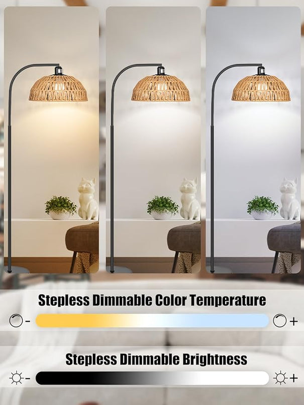Rattan Floor Lamp- Boho Standing Lamp with Remote Control and Dimmable Bulb, Hand-Worked Adjustable Rattan Shades, Black Farmhouse Tall Lamp, Boho Arc Floor Lamps for Living Room, Bedroom, Office - LeafyLoom