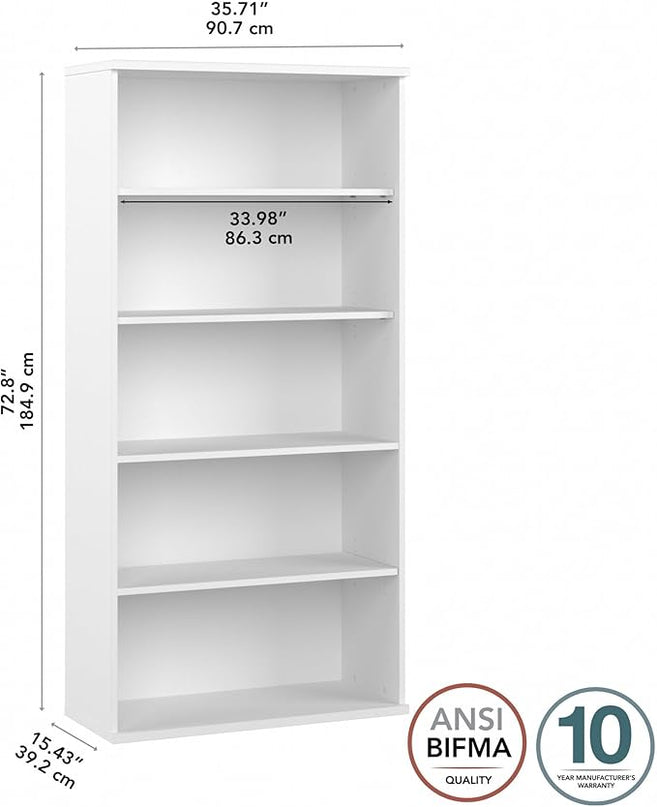 Bush Business Furniture Studio C Tall 5 Shelf Bookcase in White, Large Bookshelf for Home or Professional Office - LeafyLoom