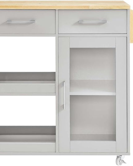 Modway Culinary Rolling Kitchen Cart with Storage in Light Gray Natural - 3 Tiers Kitchen Island on Wheels with Spice Rack, Functional as a Coffee Station, Bar Cabinet or Butcher Block Island - LeafyLoom
