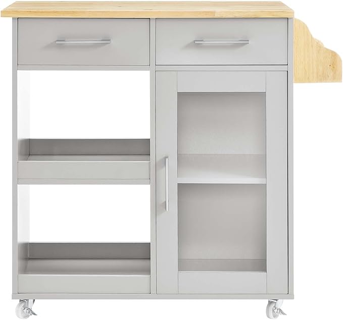 Modway Culinary Rolling Kitchen Cart with Storage in Light Gray Natural - 3 Tiers Kitchen Island on Wheels with Spice Rack, Functional as a Coffee Station, Bar Cabinet or Butcher Block Island - LeafyLoom