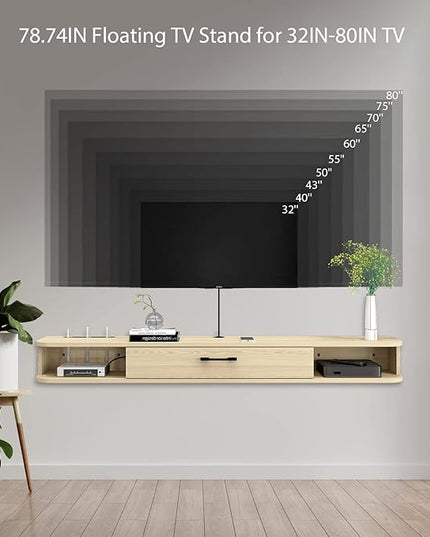 Floating TV Unit, 79'' Wall Mounted TV Cabinet, Floating Shelves with Door, Modern Entertainment Media Console Center Large Storage TV Bench for Living Room & Office (78.74IN, Oak) - LeafyLoom