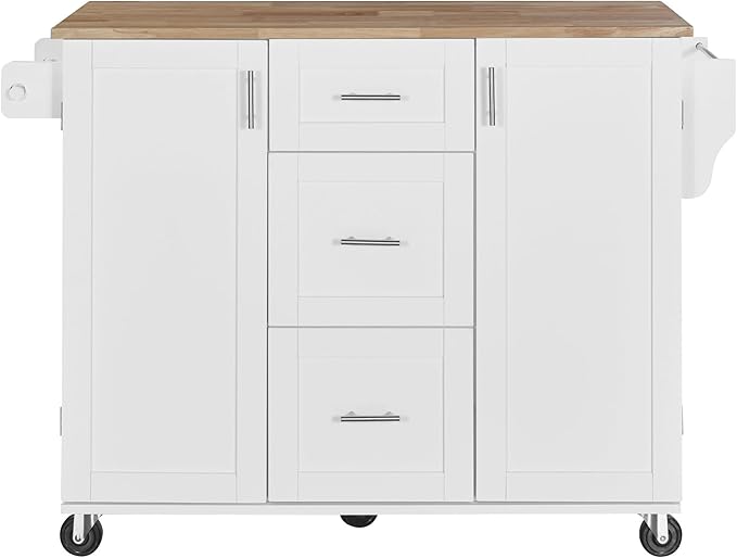 50Inch Rolling Kitchen Island Cart with Internal Cabinet, 3 Drawers and Storage Shelf, Kitchen-Island Table on Wheels w/Rubber Wood Top, Spice Rack, for Dining Room House Bar - LeafyLoom