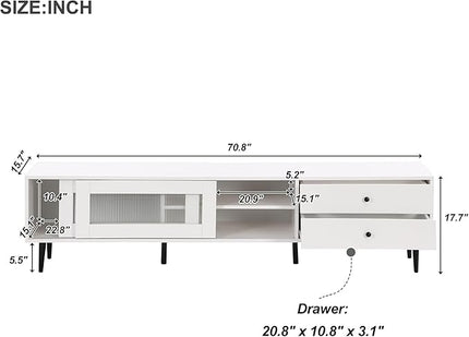 TV Stand, 71 Inch Media Console with Sliding Fluted Glass Doors, Slanted Drawers for TVs Up to 75 Inch, Modern Elegant TV Cabinet with Ample Storage Space for Living Room, White - LeafyLoom