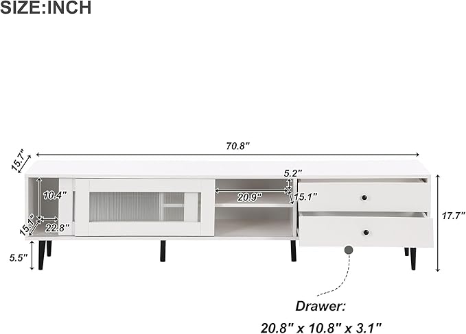 TV Stand, 71 Inch Media Console with Sliding Fluted Glass Doors, Slanted Drawers for TVs Up to 75 Inch, Modern Elegant TV Cabinet with Ample Storage Space for Living Room, White - LeafyLoom
