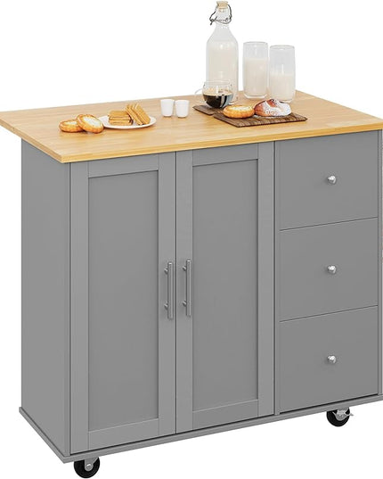 Shintenchi Rolling Kitchen Island Cart with Folding Drop Leaf Breakfast Bar, Portable Trolley Island with Large Storage Cabinet, Shelf and Drawer, Gray - LeafyLoom
