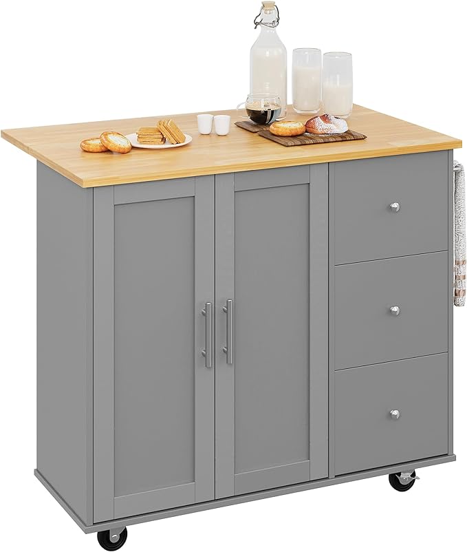 Shintenchi Rolling Kitchen Island Cart with Folding Drop Leaf Breakfast Bar, Portable Trolley Island with Large Storage Cabinet, Shelf and Drawer, Gray - LeafyLoom