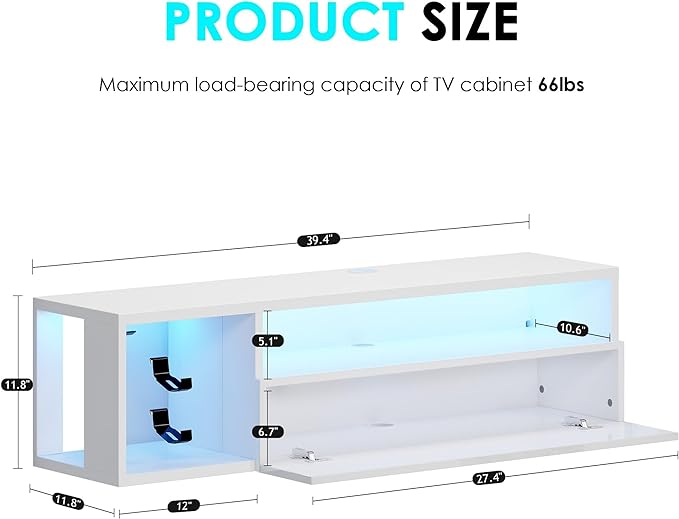 DlandHome Floating TV Stand with LED Light, 39.3’’ Wall-Mounted Media Console, Floating Shelf for Under TV Wall Mount with Storage Shelf for Bedroom Living Room, White - LeafyLoom