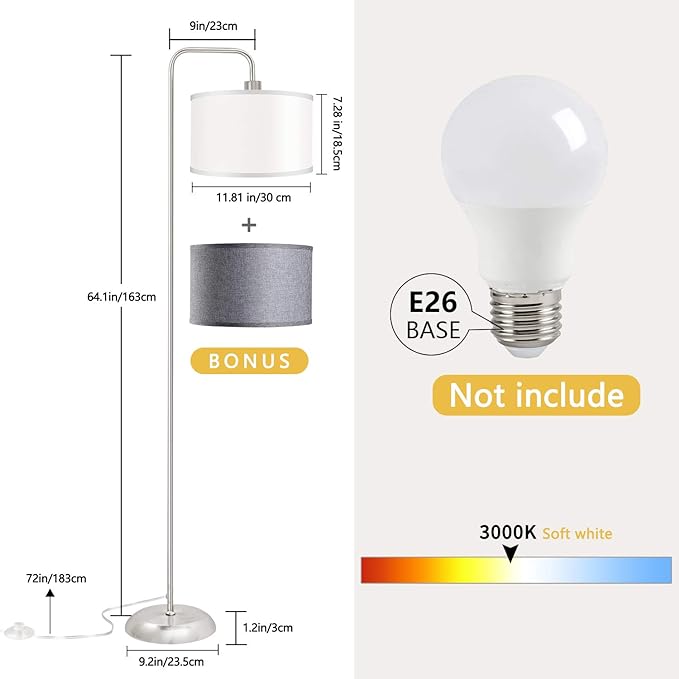 [Upgraded] LED Floor Lamp for Living Room, 3 Color Temperature Floor Lamp with Foot Switch Modern Standing Lamp Tall Pole Floor Reading Lamp for Bedroom Study Room, Bulb Included Silver (One Shade) - LeafyLoom