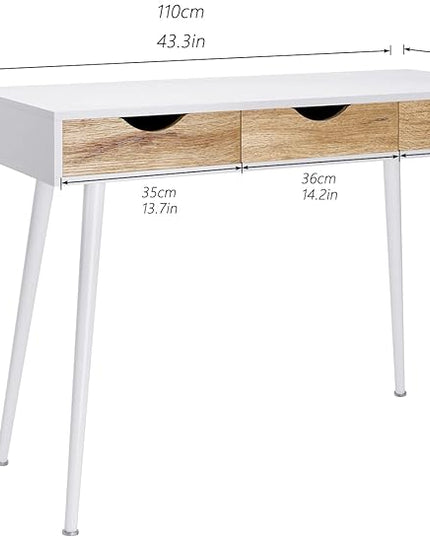 DlandHome Computer Desk with Drawers Mid Century Modern Desk 43 Inches Vanity Desk with 3-Drawers, Office Desk with Drawers Writing Desk Study Table Makeup Tables, Bedroom Dresser Table - LeafyLoom