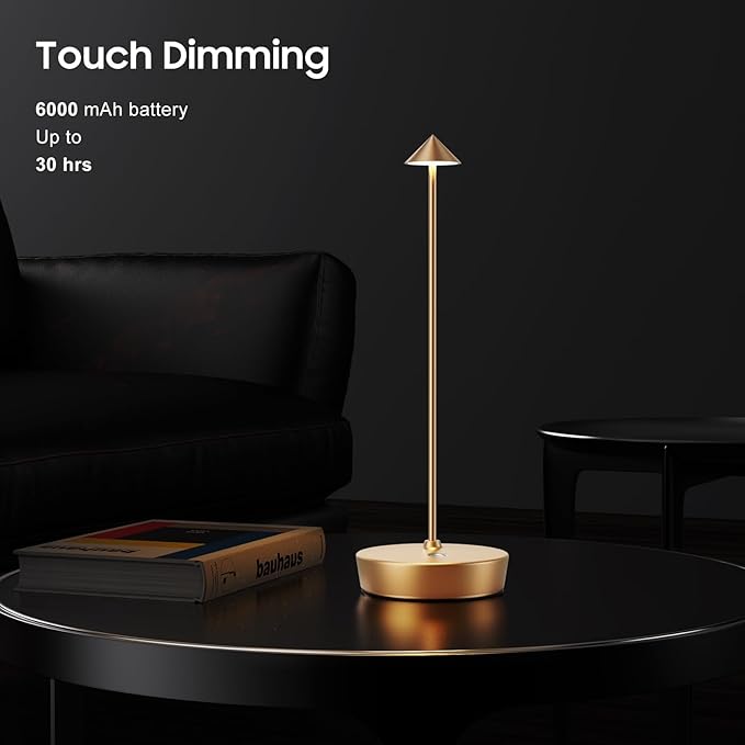 Cordless Table Lamp Rechargeable, LED Portable Outdoor Table Lamp Waterproof 6000mAh Battery Desk Lamp, 3 Color Stepless Dimming Table Light for Restaurant/Bedroom/Bar/Outdoor Party - LeafyLoom