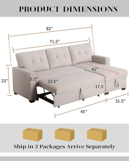 82 Inch Sectional Couch, L Shaped Convertible Sofa Chaise, Linen Reversible Upholstered Pull Out Bed, Storage Space for Living Room, Apartment and Office, Beige, 82inch - LeafyLoom