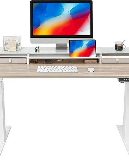 FEZIBO 48 x 24 Inch Height Adjustable Glass Electric Standing Desk with Double Drawer, Stand Up Desk with Storage Shelf, Sit Stand Desk, Light Walnut - LeafyLoom