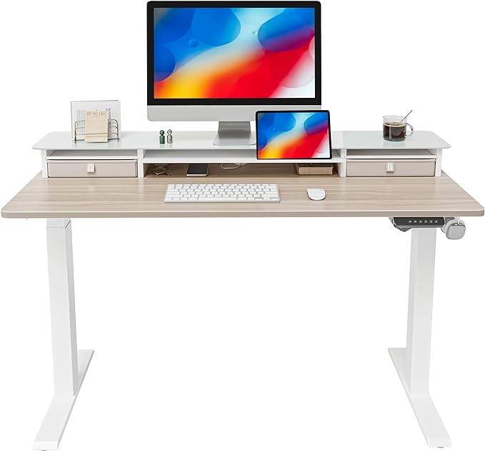 FEZIBO 48 x 24 Inch Height Adjustable Glass Electric Standing Desk with Double Drawer, Stand Up Desk with Storage Shelf, Sit Stand Desk, Light Walnut - LeafyLoom