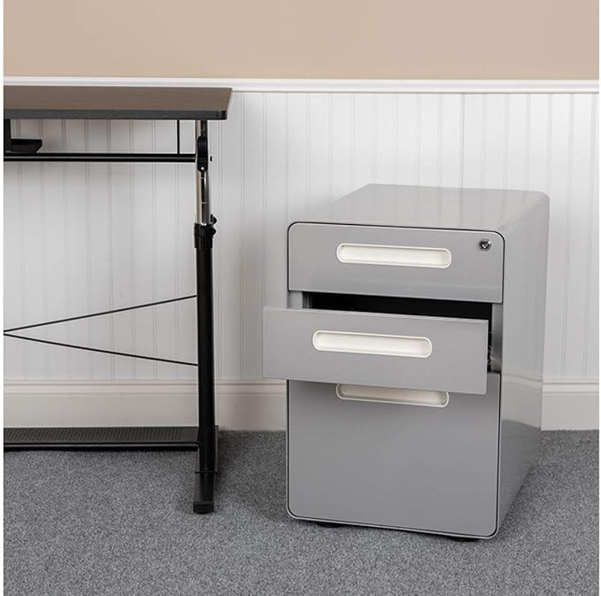 Flash Furniture Wren Ergonomic 3-Drawer Mobile Locking Filing Cabinet with Anti-Tilt Mechanism and Hanging Drawer for Legal & Letter Files, Gray - LeafyLoom