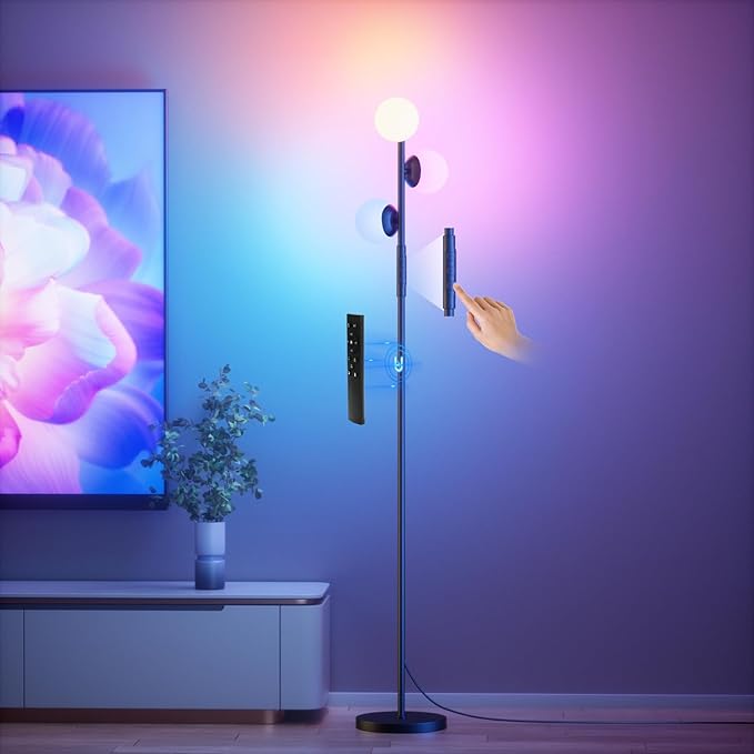RGBCW Floor Lamp, 3 Globe Bright Color Changing RGB Standing Lamp with Remote, Modern Stepless Dimmable LED Tall Floor Lamps for Living Room Bedroom Office, 30W, 2700-6500K, Black - LeafyLoom