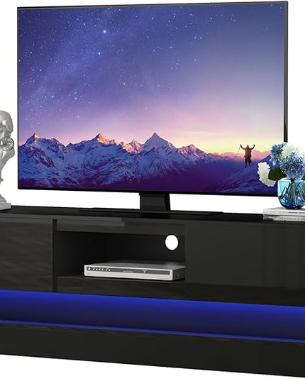 Black TV Stand Modern - TV Stands with Led Lights and Storage Drawers for TVs up to 70 Inch - Gaming TV Entertainment Stand for Living Room, Bedroom - LeafyLoom