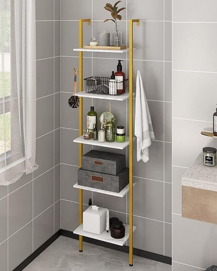 Modern Bookshelf Wall Mounted 5-Tiers Ladder Shelf Gold and White Wooden Bookcase Narrow Thin Bookshelf Open Display Storage Rack for Living Room Bedroom Home Office - LeafyLoom