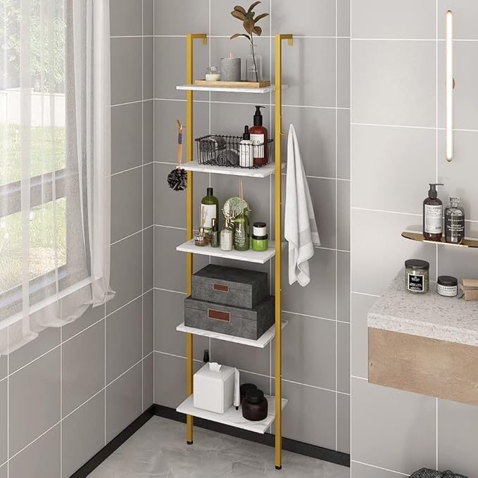 Modern Bookshelf Wall Mounted 5-Tiers Ladder Shelf Gold and White Wooden Bookcase Narrow Thin Bookshelf Open Display Storage Rack for Living Room Bedroom Home Office - LeafyLoom