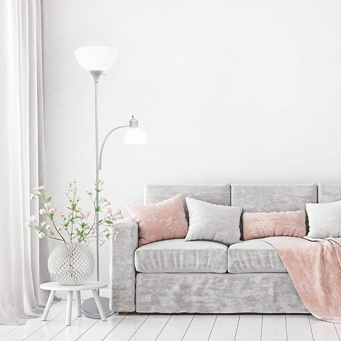 Simple Designs LF2000-SLV Mother-Daughter Floor Lamp with Reading Light, Silver - LeafyLoom